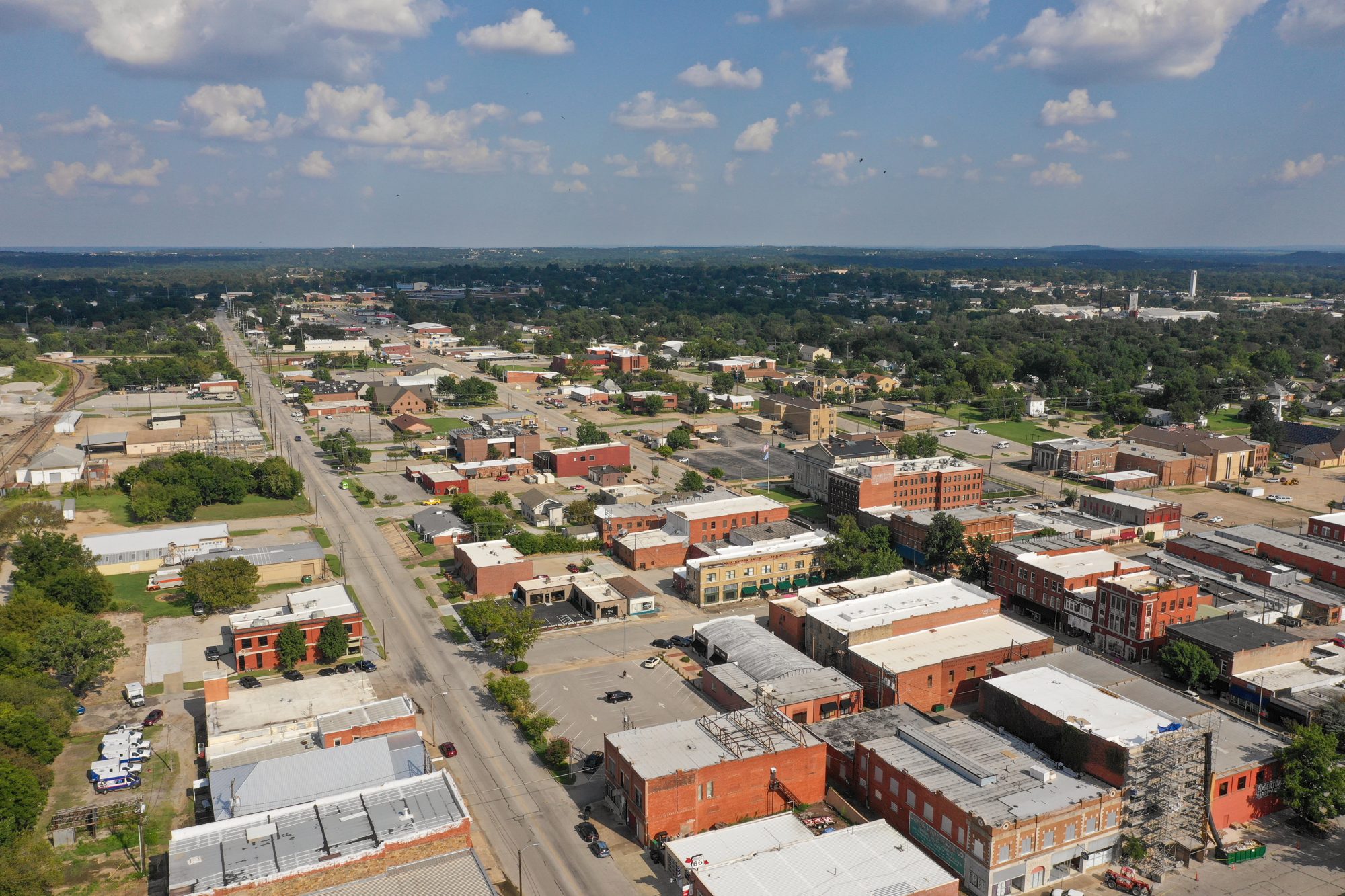 Drone view over downtown Sapulpa, Oklahoma