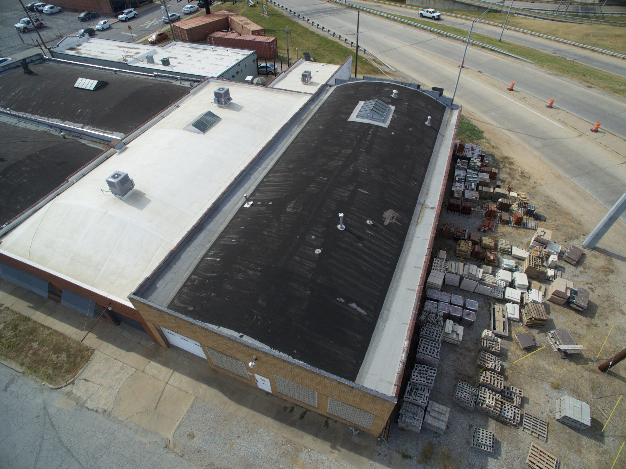 Drone view of a finished commercial roof replacement in Jay, Oklahoma