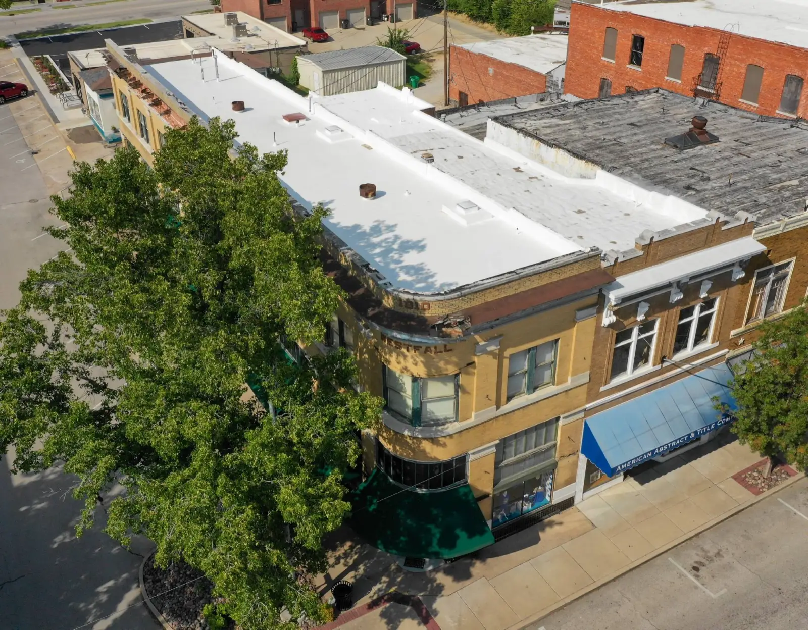 Historic corner building in downtown Sapulpa from above