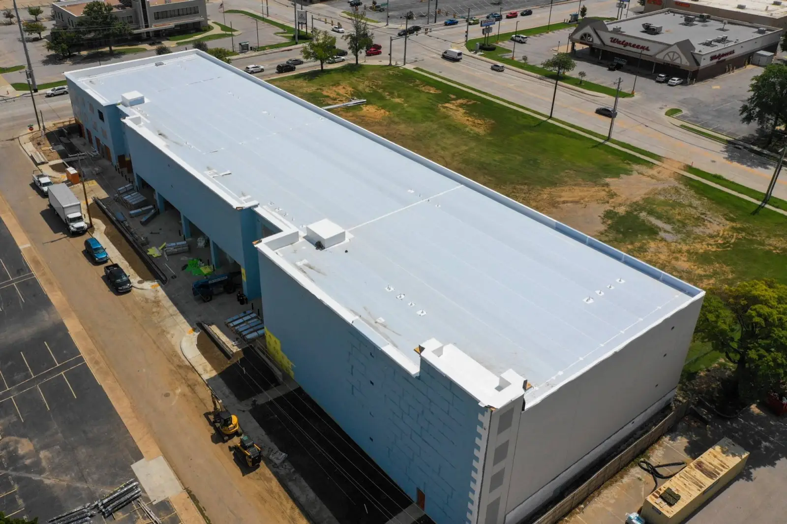 Drone view of a commercial TPO roof at WIMCO in Tulsa